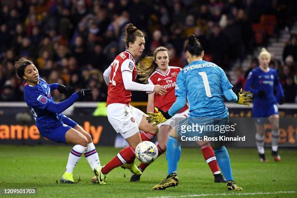 Manuela Zinsberger of Arsenal saves a shot from Sam Kerr of Chelsea during the FA Women's Continental League Cup Final Chelsea FC Women and Arsenal...