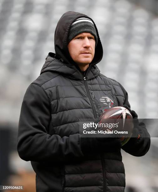 Matt McGloin of the NY Guardians during warmups before the start of their XFL game against the LA Wildcats at MetLife Stadium on February 29, 2020 in...