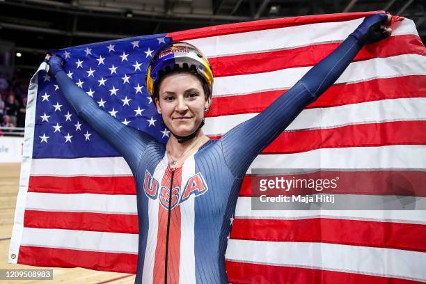 Chloe Dygert of USA celebrates after final of the Women's Individual Pursuit during day 4 of the UCI Track Cycling World Championships Berlin at...