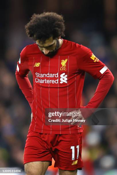 Mohamed Salah of Liverpool looks dejected during the Premier League match between Watford FC and Liverpool FC at Vicarage Road on February 29, 2020...