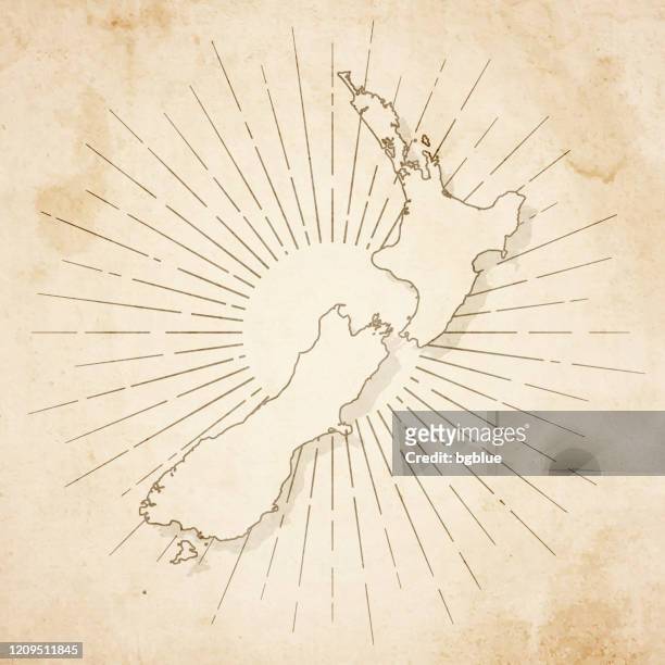 ilustraciones, imágenes clip art, dibujos animados e iconos de stock de mapa de nueva zelanda en estilo vintage retro - papel texturizado antiguo - isla norte nueva zelanda