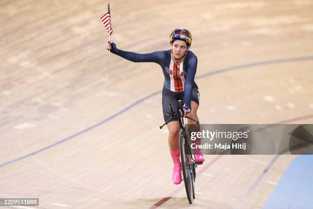 Chloe Dygert of USA celebrates after winning and setting the world record the Women's Individual Pursuit during day 4 of the UCI Track Cycling World...