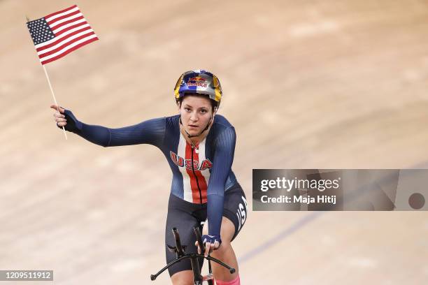 Chloe Dygert of USA celebrates after winning and setting the world record the Women's Individual Pursuit during day 4 of the UCI Track Cycling World...