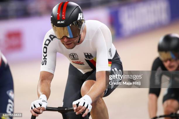 Roger Kluge of Germany competes in the men's omnium points race during day 4 of the UCI Track Cycling World Championships Berlin at Velodrom on...