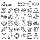 Car parts line icon set, auto details symbols collection, vector sketches, logo illustrations, automotive repair signs linear pictograms package isolated on white background, eps 10.