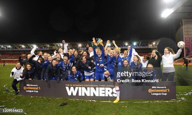 Bethany England of Chelsea celebrates with the trophy following the FA Women's Continental League Cup Final Chelsea FC Women and Arsenal FC Women at...