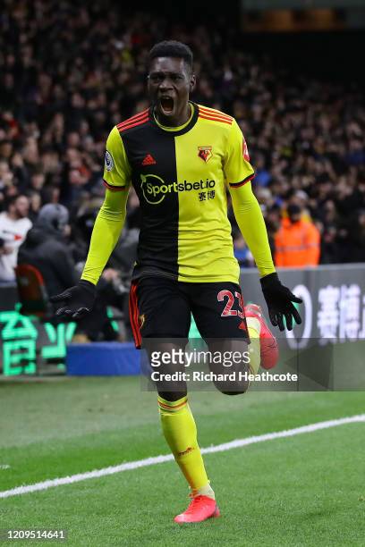 Ismaila Sarr of Watford celebrates after scoring his team's first goal during the Premier League match between Watford FC and Liverpool FC at...