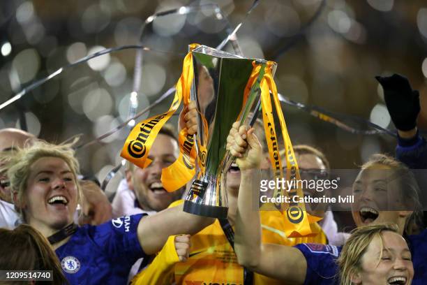 Magdalena Eriksson and Millie Bright of Chelsea celebrate with the trophy following the FA Women's Continental League Cup Final between Chelsea FC...