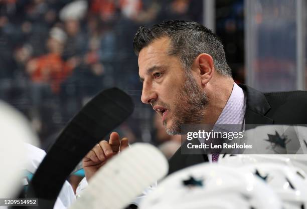 Interim Head Coach of the San Jose Sharks Bob Boughner reacts to a play on the ice against the Philadelphia Flyers on February 25, 2020 at the Wells...