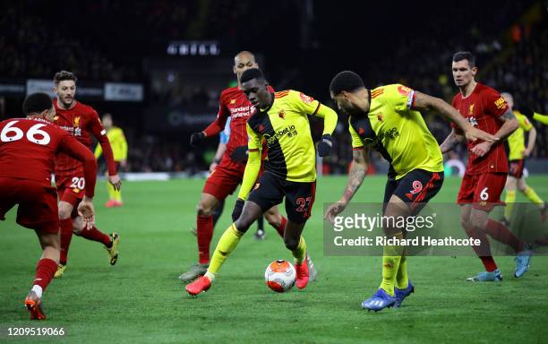 Ismaila Sarr of Watford runs with the ball during the Premier League match between Watford FC and Liverpool FC at Vicarage Road on February 29, 2020...