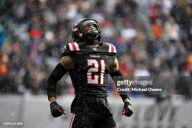 Jamar Summers of the NY Guardians celebrates after the defense forced a fourth down during the first half of their XFL game against the LA Wildcats...