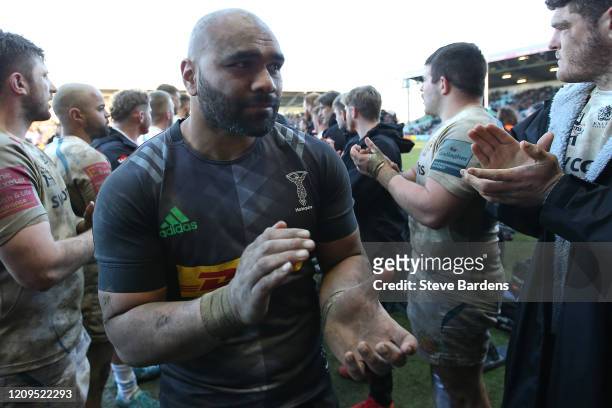 Paul Lasike of Harlequins celebrates after the Gallagher Premiership Rugby match between Harlequins and Exeter Chiefs at Twickenham Stoop on February...