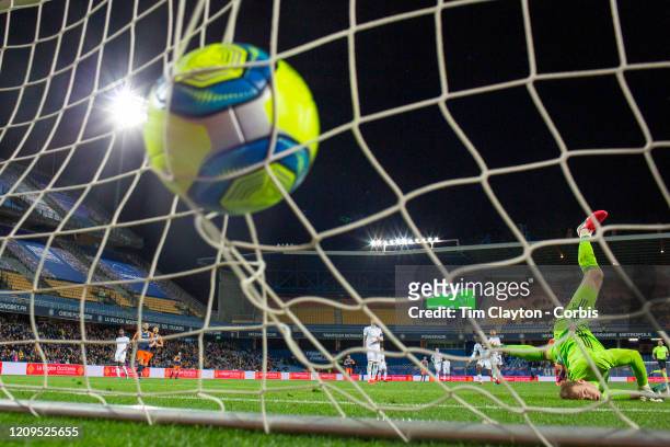 February 29: Goalkeeper Matz Sels of Strasbourg is beaten by a shot from Teji Savanier of Montpellier for his side third goal during the Montpellier...