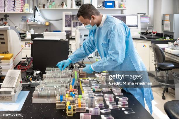 Histowiz lab scientists preparing to test COVID-19 samples from recovered patients on April 8, 2020 in Brooklyn, New York City. New York City is the...