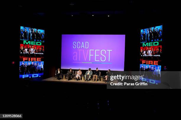 Brian Tee, S. Epatha Merkerson, Lisseth Chavez, LaRoyce Hawkins, and Miranda Rae Mayo speak onstage at SCAD aTVfest 2020 - The Windy City Trifecta:...