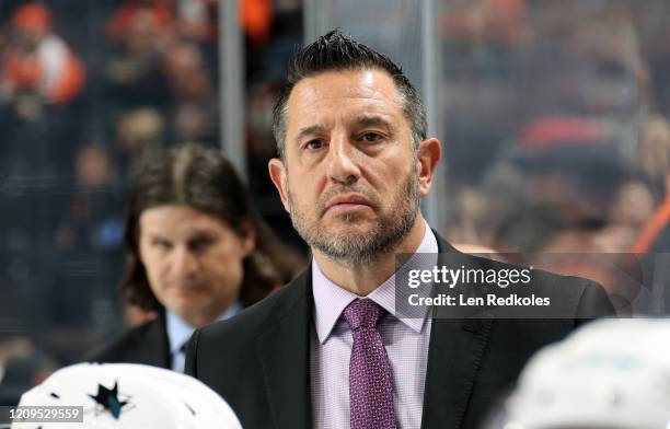 Interim Head Coach of the San Jose Sharks Bob Boughner watches a play on the ice against the Philadelphia Flyers on February 25, 2020 at the Wells...