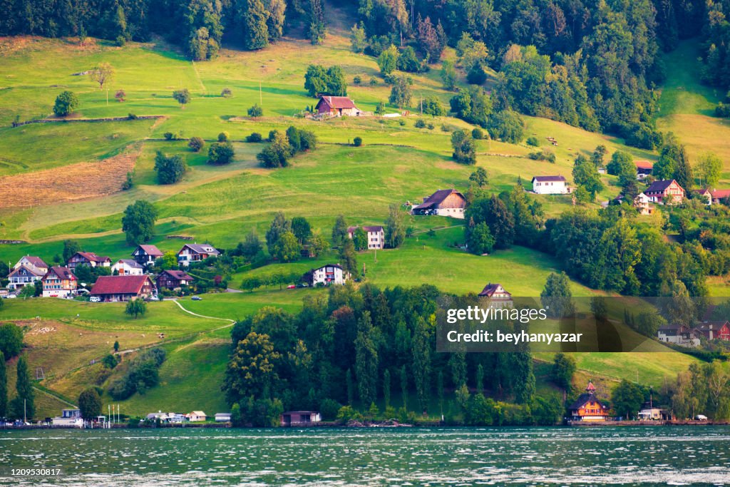 Beau village sur la rive du lac de Lucerne en Suisse