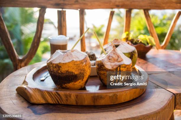 tropical breakfast on a balcony overlooking the beach - coconut water stock pictures, royalty-free photos & images