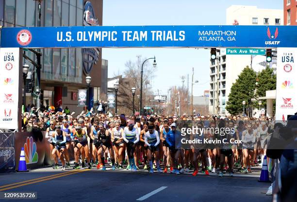 Runners take the start of the Women's U.S. Olympic marathon team trials on February 29, 2020 in Atlanta, Georgia.