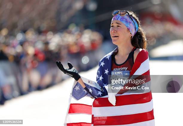 Molly Seidel reacts after finishing second in the Women's U.S. Olympic marathon team trials on February 29, 2020 in Atlanta, Georgia.