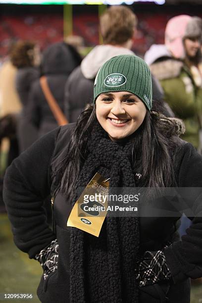 Actress Nikki Blonsky checks out the action on the sidelines when she attends the Cincinnati Bengals vs. New York Jets game at Giants Stadium on...