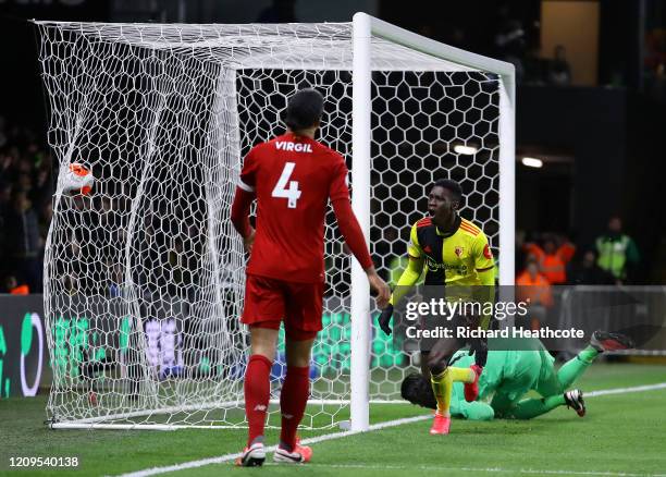 Ismaila Sarr of Watford celebrates after scoring his team's first goal during the Premier League match between Watford FC and Liverpool FC at...