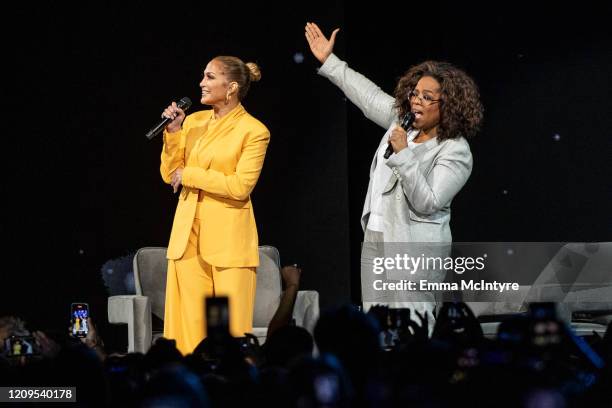 Jennifer Lopez and Oprah speak onstage during 'Oprah's 2020 Vision: Your Life in Focus Tour' presented by WW at The Forum on February 29, 2020 in...