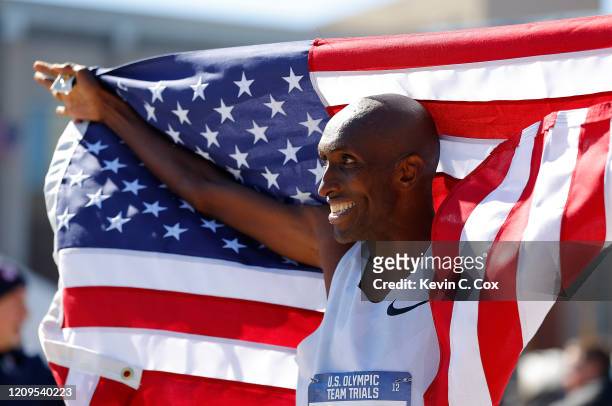 Abdi Abdirahman reacts after finishing in third place during the Men's U.S. Olympic marathon team trials on February 29, 2020 in Atlanta, Georgia.