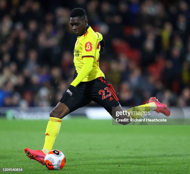 Ismaila Sarr of Watford in action during the Premier League match between Watford FC and Liverpool FC at Vicarage Road on February 29, 2020 in...