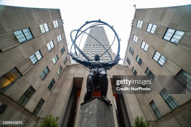 Atlas bronze statue at Rockefeller Center in Fifth Avenue, New York City, USA on February 13, 2020. The 15feet tall sculpture of Atlas from the...