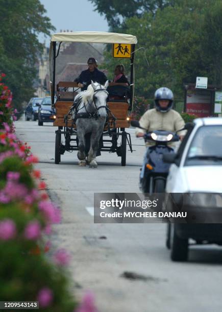 Une voiture hippomobile tirée par une jument percheronne, Pola de Nesque, transporte un groupe d'enfants au milieu de la circulation automobile, le...