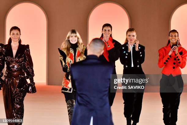 Julia Stegner, Helena Christensen, Olivier Rousteing, Caroline Ribeiro, Esther Canadas and Liya Kebede during the Balmain Ready to Wear fashion show...