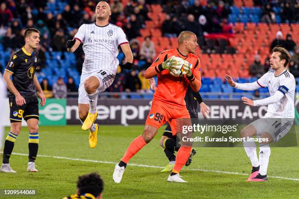 Goalkeeper Boy Waterman of Apoel defends the ball during the UEFA Europa League round of 32 second leg match between FC Basel and APOEL Nikosia at...