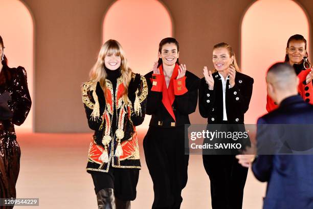 Julia Stegner, Olivier Rousteing, Caroline Ribeiro, Esther Canadas and Liya Kebede during the Balmain Ready to Wear fashion show as part of the Paris...