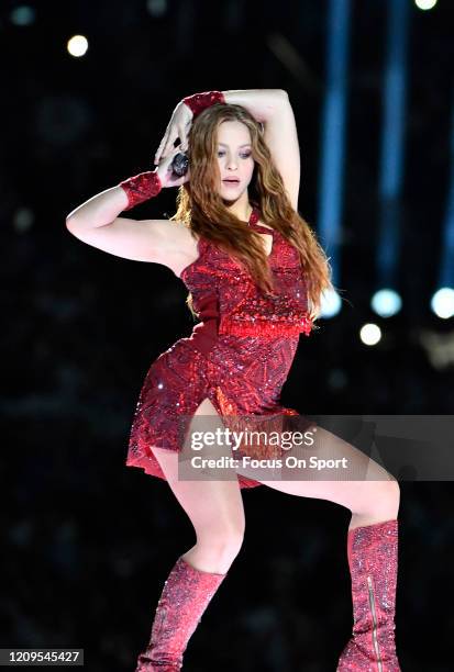 Shakira performs onstage during the Pepsi Super Bowl LIV Halftime Show at Hard Rock Stadium on February 02, 2020 in Miami, Florida.