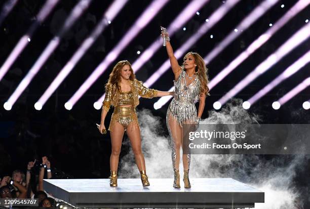 Shakira and Jennifer Lopez performs onstage during the Pepsi Super Bowl LIV Halftime Show at Hard Rock Stadium on February 02, 2020 in Miami, Florida.