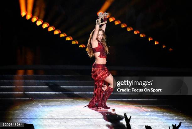 Shakira performs onstage during the Pepsi Super Bowl LIV Halftime Show at Hard Rock Stadium on February 02, 2020 in Miami, Florida.