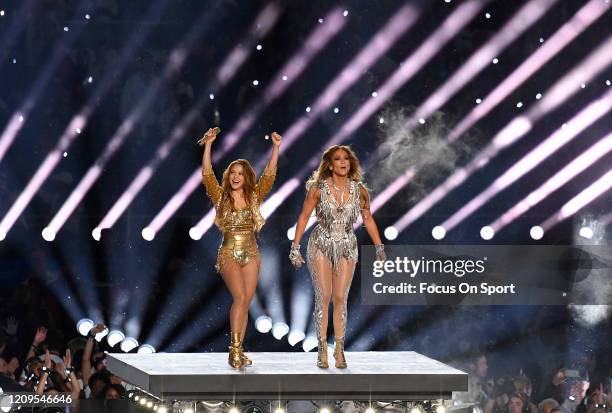 Shakira and Jennifer Lopez performs onstage during the Pepsi Super Bowl LIV Halftime Show at Hard Rock Stadium on February 02, 2020 in Miami, Florida.