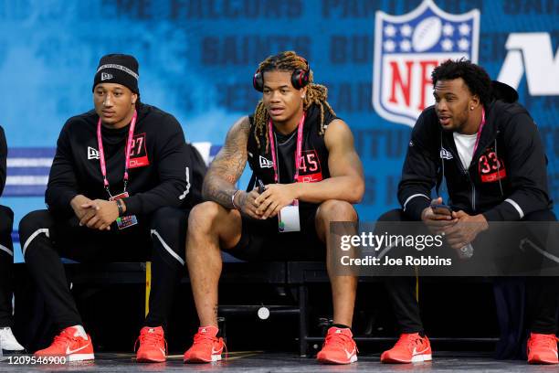 Defensive linemen Trevis Gipson of Tulsa, Chase Young of Ohio State and Khalid Kareem of Notre Dame look on during the NFL Combine at Lucas Oil...