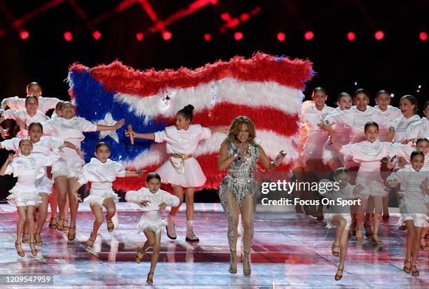 Jennifer Lopez performs onstage during the Pepsi Super Bowl LIV Halftime Show at Hard Rock Stadium on February 02, 2020 in Miami, Florida.