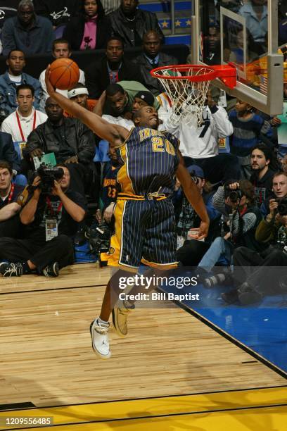 Fred Jones of the Indiana Pacers dunks the ball during the Dunk Contest at All Star Saturday Night as part of 2004 NBA All Star Weekend on February...