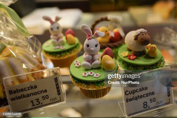 Easter cakes seen on display in a shop in Krakow's center. On Wednesday, April 8 in Krakow, Poland.
