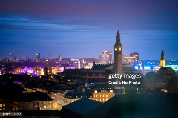 Panoramic evening view of Copenhagen from the tower of Christiansborg Palace. Copenhagen, Denmark on February 7, 2020.