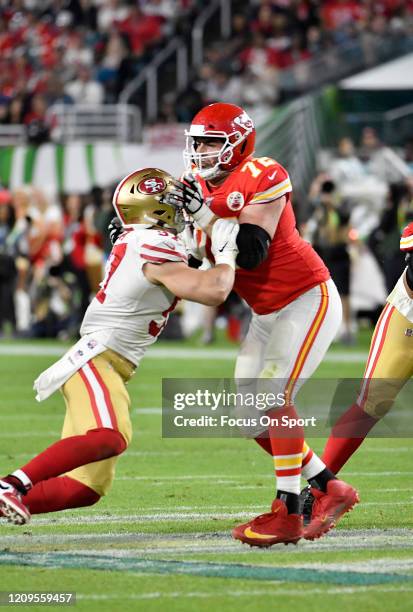 Eric Fisher of the Kansas City Chiefs blocks Nick Bosa of the San Francisco 49ers in Super Bowl LIV at Hard Rock Stadium on February 02, 2020 in...