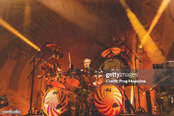 Drummer Nick Mason of progressive rock group Nick Masons Saucerful Of Secrets performing live on stage at The Roundhouse in London, on May 3, 2019.