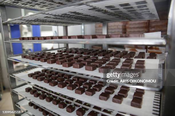 Picture shows trays of chocolates in the Jerome Grimpompon shop in Brussels, on April 9 during a lockdown in Belgium to curb the spread of the...