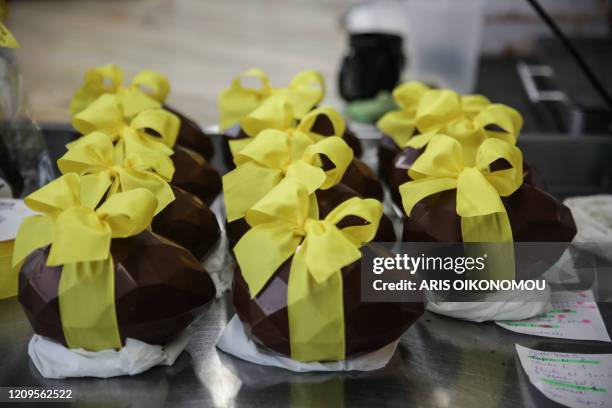 Picture shows chocolate eggs in the Jerome Grimpompon shop in Brussels, on April 9 during a lockdown in Belgium to curb the spread of the COVID-19...