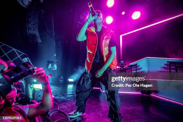 Kaleb Isaac Ghebreiesus, a.k.a. Isah performs on stage at Sentrum Scene during the Bylarm Festival on February 29, 2020 in Oslo, Norway.