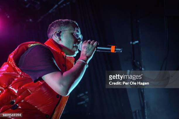 Kaleb Isaac Ghebreiesus, a.k.a. Isah performs on stage at Sentrum Scene during the Bylarm Festival on February 29, 2020 in Oslo, Norway.