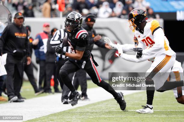 Joe Horn of the New York Guardians runs against the Los Angeles Wildcats during the first half of their XFL game at MetLife Stadium on February 29,...